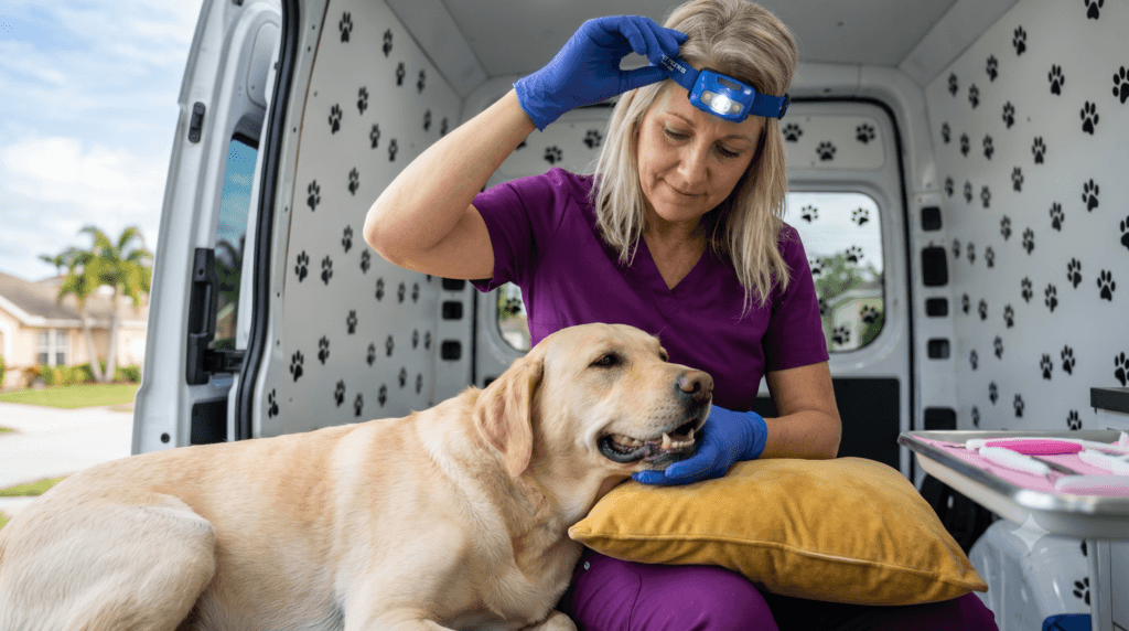 Dog dentist in Orlando: anesthesia-free dental cleaning inside The Magic Paws mobile van