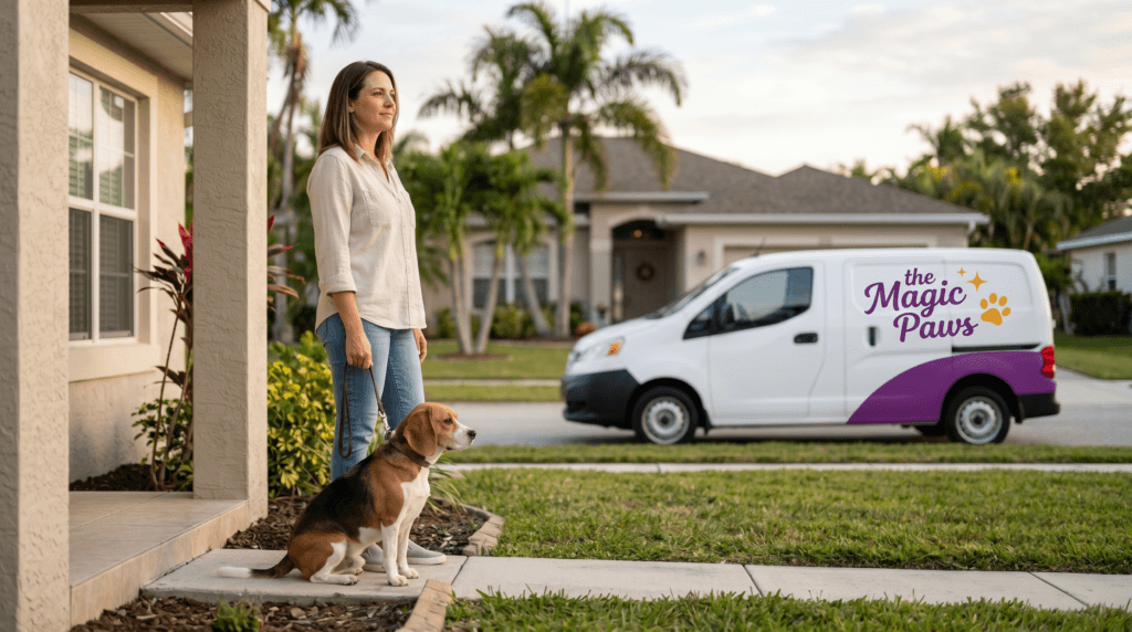 Dog dentist in Orlando: pet owner welcoming The Magic Paws mobile dental service at home