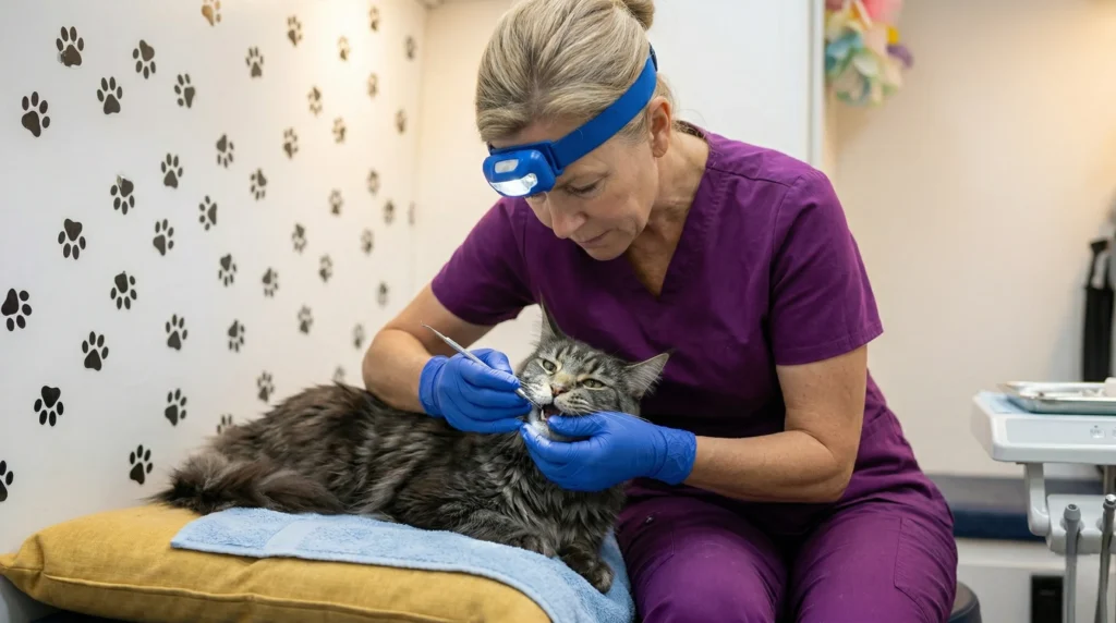 Dental technician in purple scrubs cleaning a relaxed gray tabby cat's teeth inside a mobile service van in Central Florida.