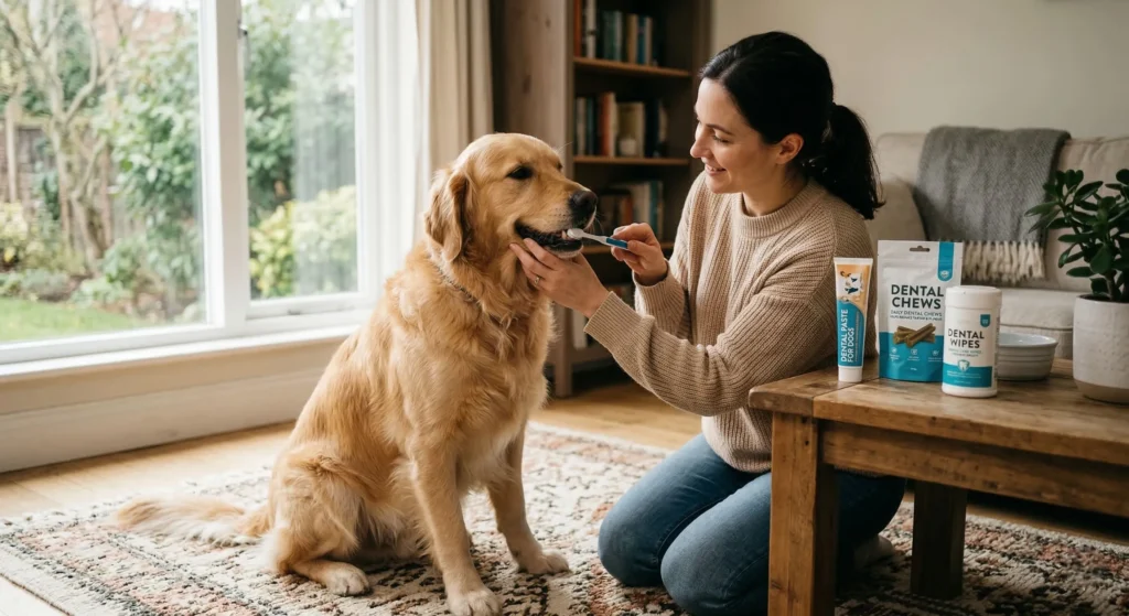 Dog teeth cleaning at home with a woman an a golden retrivier