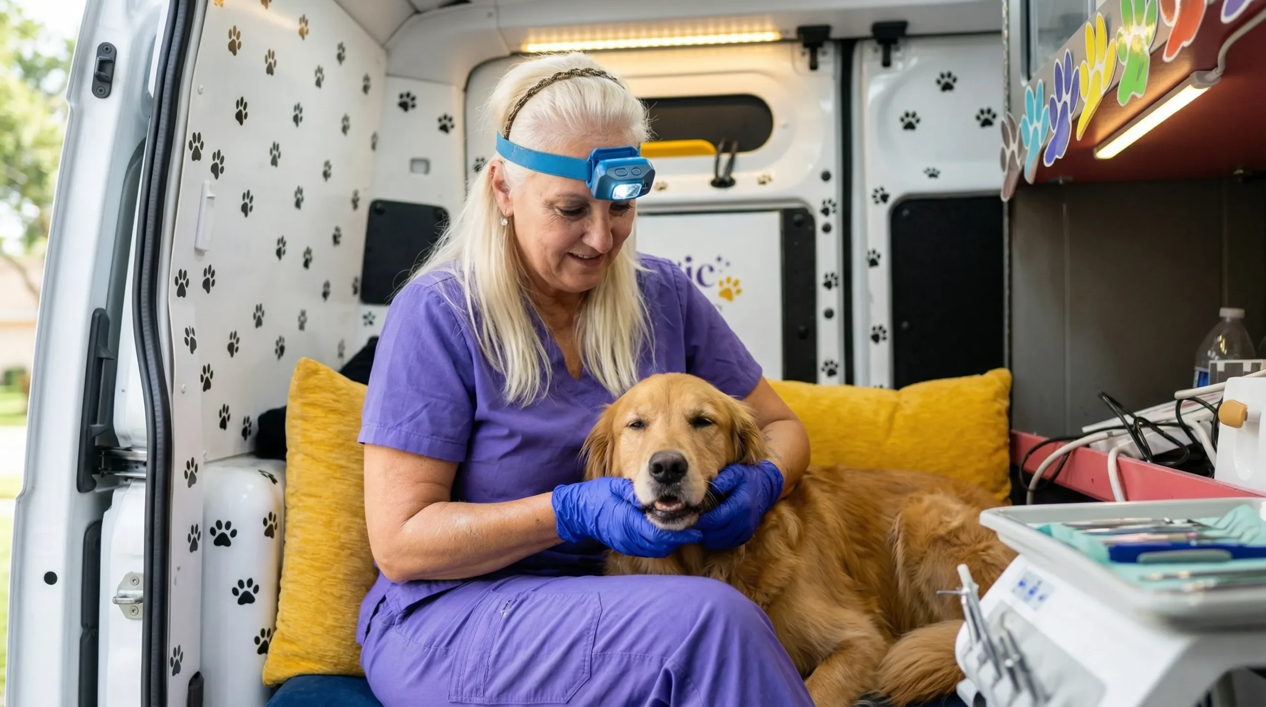 Magic Paws technician performing anesthesia-free dog dental cleaning inside mobile van in South Florida
