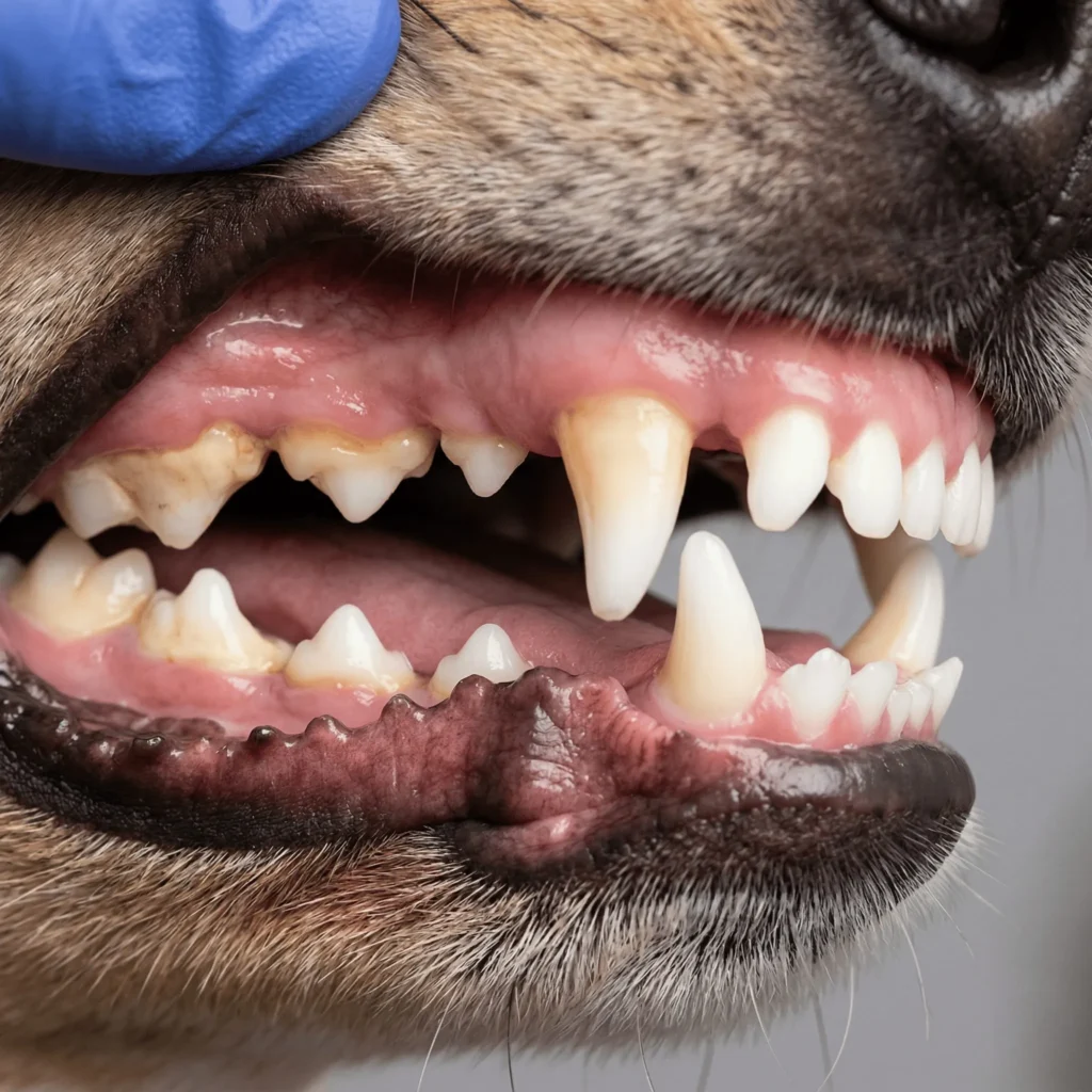 Close-up of dog teeth showing heavy tartar buildup near the gum line — a key factor in how long a dog dental cleaning takes