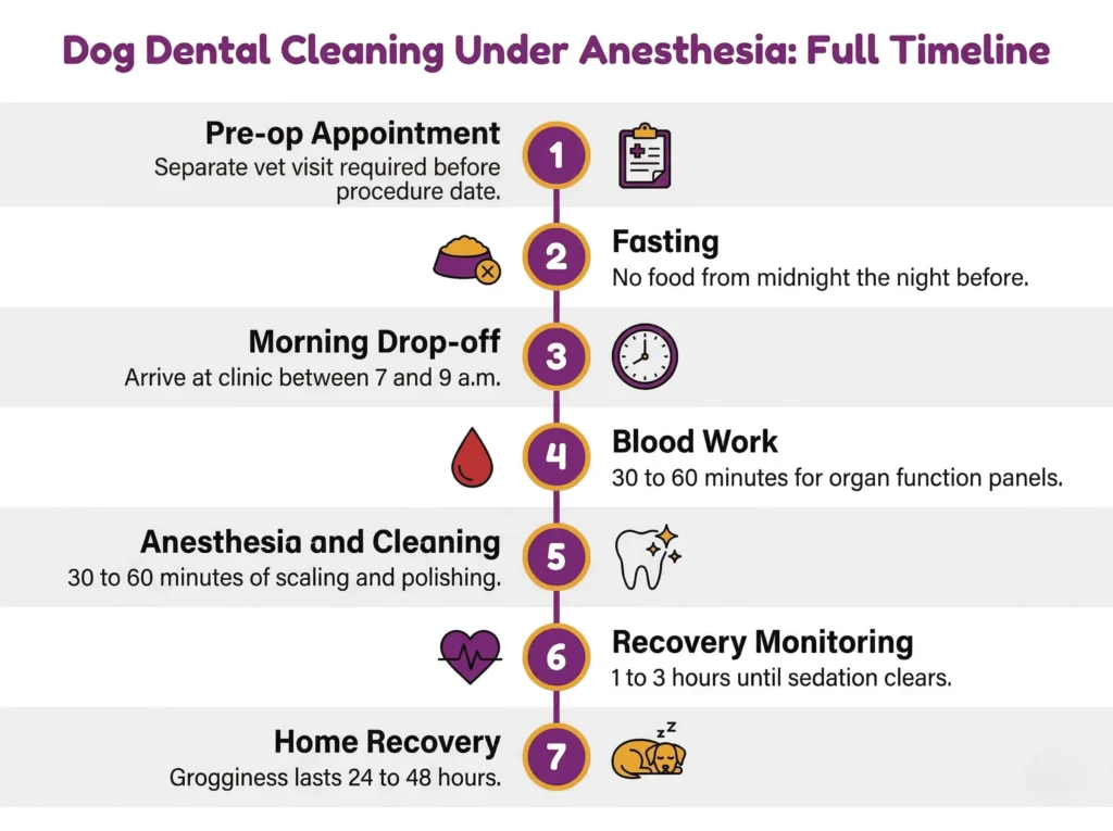 Infographic showing the 7-step timeline of traditional dog dental cleaning under anesthesia from pre-op appointment to home recovery