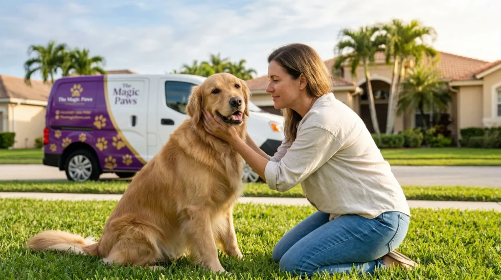 og owner kneeling with her calm golden retriever after anesthesia-free dental cleaning with The Magic Paws in South Florida.