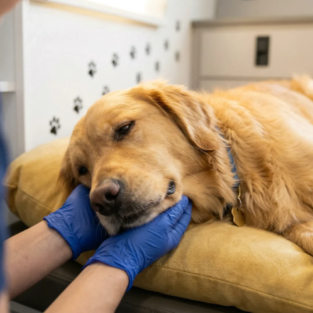 Golden retriever calm and relaxed during anesthesia-free dental cleaning inside The Magic Paws mobile van.