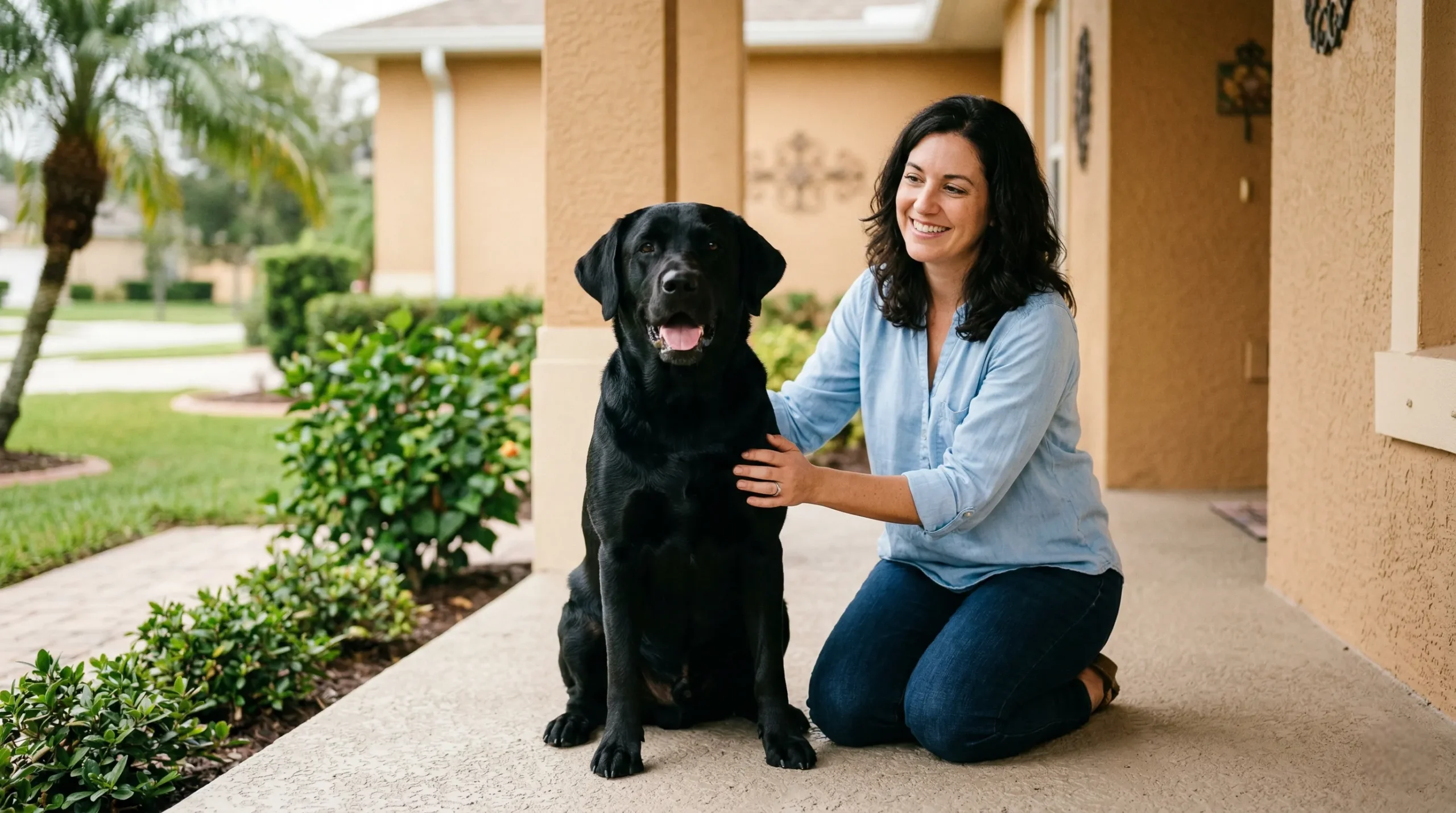 Black Labrador Retriever sitting relaxed on a Florida porch next to a smiling female pet owner before a dental exam