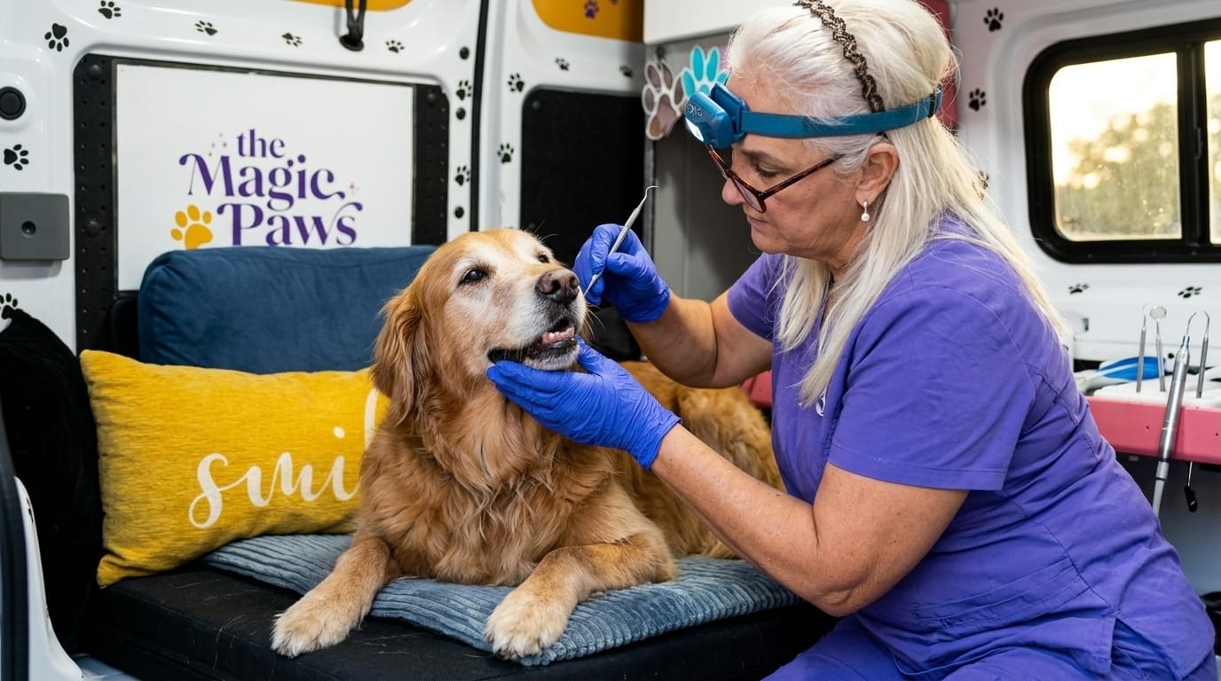 Dog teeth cleaning near me: golden retriever calm during anesthesia-free session inside The Magic Paws mobile spa