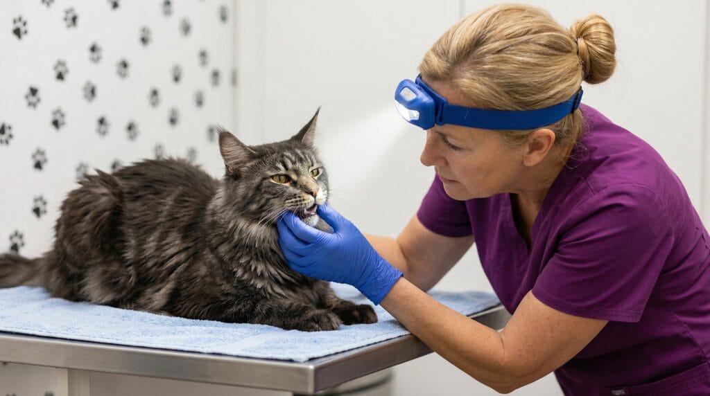 Dental technician in purple scrubs examining a calm Maine Coon cat's teeth during an anesthesia-free dental exam
