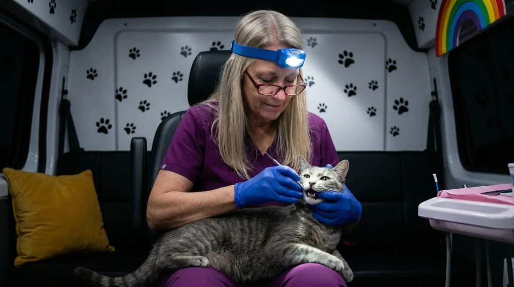 Dental technician in purple scrubs and blue headlamp cleaning a relaxed cat's teeth inside the Magic Paws mobile service van in South Florida.