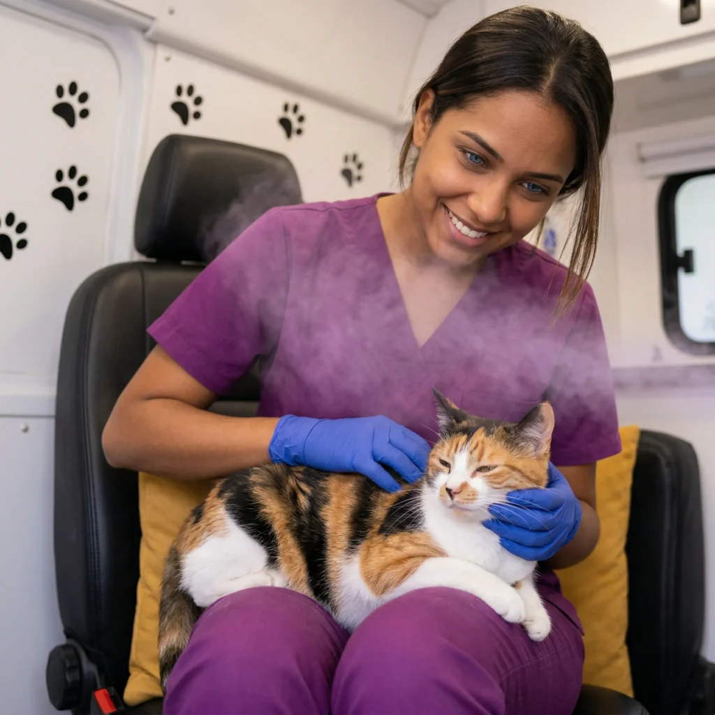 Dental technician in purple scrubs and blue headlamp cleaning a relaxed cat's teeth inside the Magic Paws mobile service van in Central Florida.