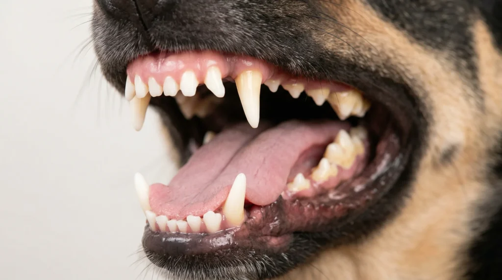 Close-up of a Beagle's teeth showing mild tartar buildup, illustrating why regular pet dental exams matter