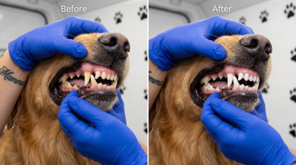 Dog teeth cleaning near me results: before and after comparison showing plaque removal by The Magic Paws
