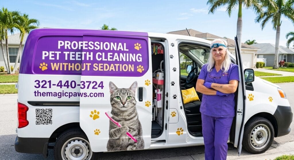 Dog teeth cleaning near me for senior dogs: older Labrador calm during anesthesia-free session with The Magic Paws