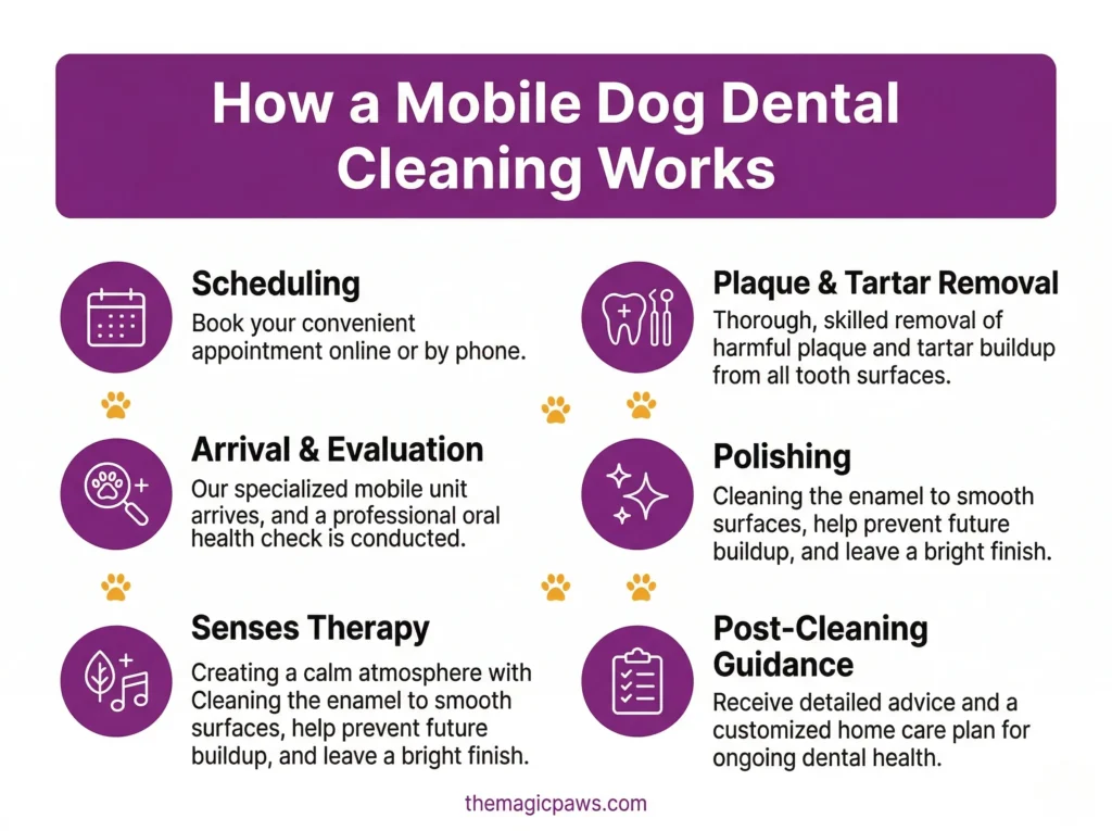 Infographic showing the 6 steps of a mobile dog dental cleaning with The Magic Paws, from scheduling to post-cleaning guidance.