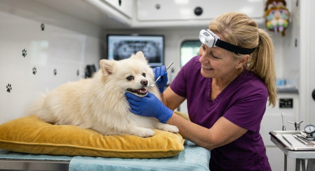Mobile dog dentist technician cleaning a Pomeranian Spitz's teeth inside a professional mobile pet dental van in Florida.