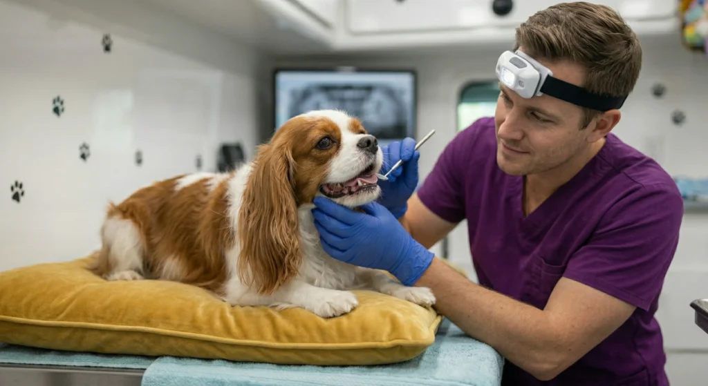 Mobile dog dentist performing anesthesia-free teeth cleaning on a relaxed Cavalier King Charles Spaniel inside a mobile van.
