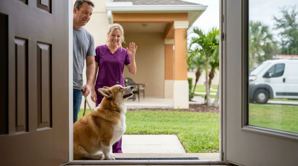Magic Paws dental technician arriving at a Florida home to perform an anesthesia-free pet dental exam for a Corgi dog.