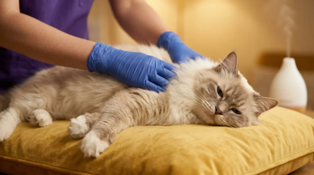 Ragdoll cat lying relaxed on a golden cushion during Senses Therapy protocol before an anesthesia-free dental exam