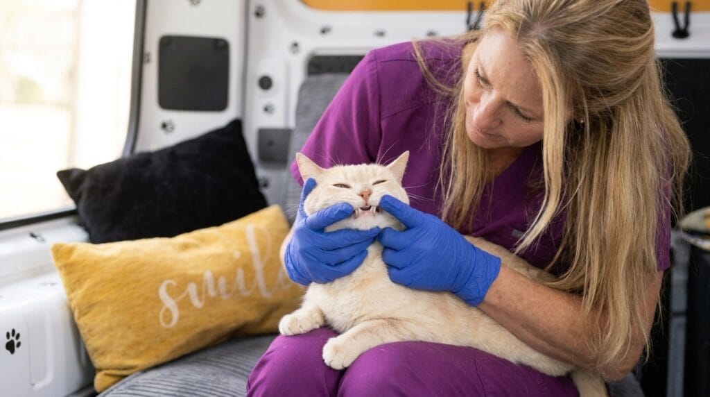 Cat dental treats and professional dental examination of a calm adult cat by a gloved technician