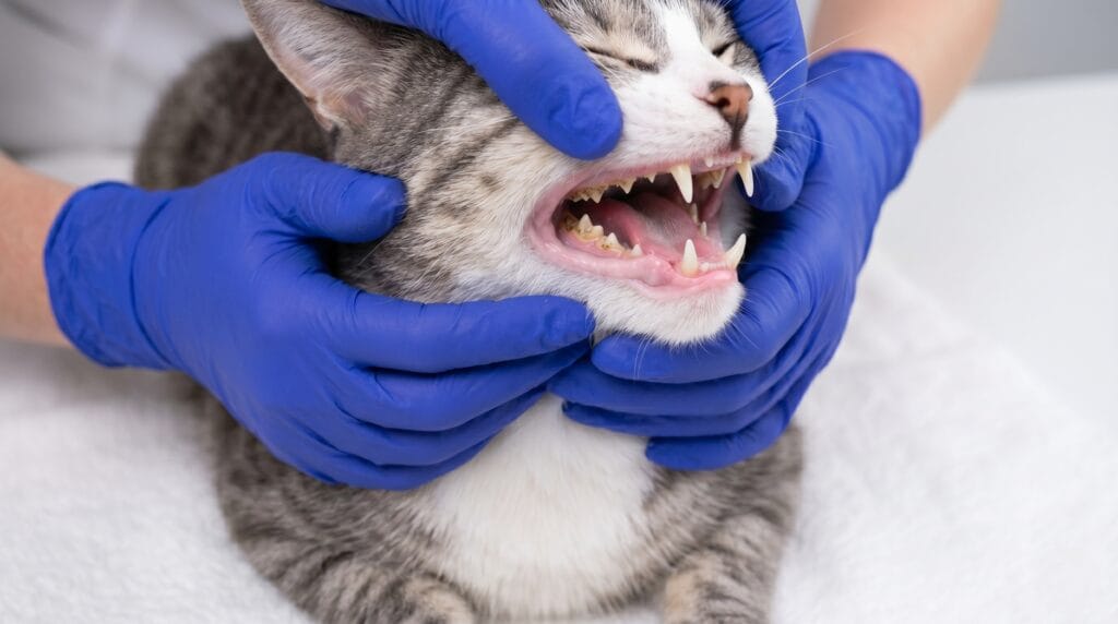Close-up of a cat's dental arch showing clean teeth, used to explain how cat dental treats work mechanically