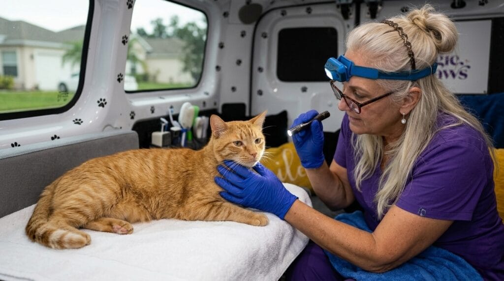 Cat owner offering a dental treat to a calm black and white cat as part of a complete cat dental health at home routine