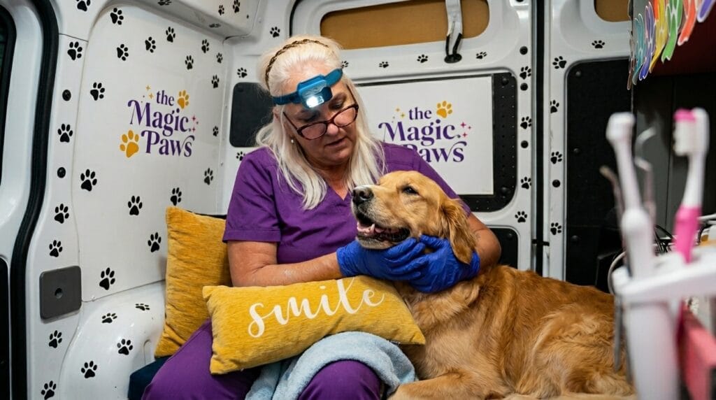Dog teeth cleaning cost: technician in purple scrubs performing anesthesia-free cleaning on a relaxed Golden Retriever inside the van