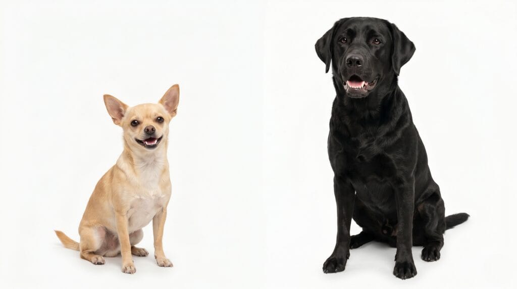 Dog teeth cleaning cost varies by size: small Yorkshire Terrier and large Labrador Retriever side by side showing the size difference