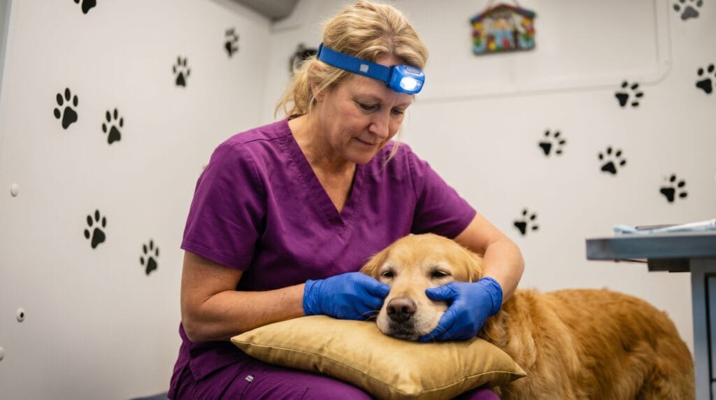 Anesthesia-free dog teeth cleaning: technician in purple scrubs gently positioning a Golden Retriever inside The Magic Paws van