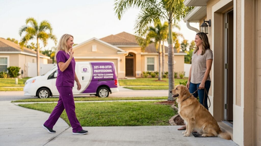 Dog teeth cleaning cost made accessible: The Magic Paws technician arriving at a Florida home for a preventive anesthesia-free session