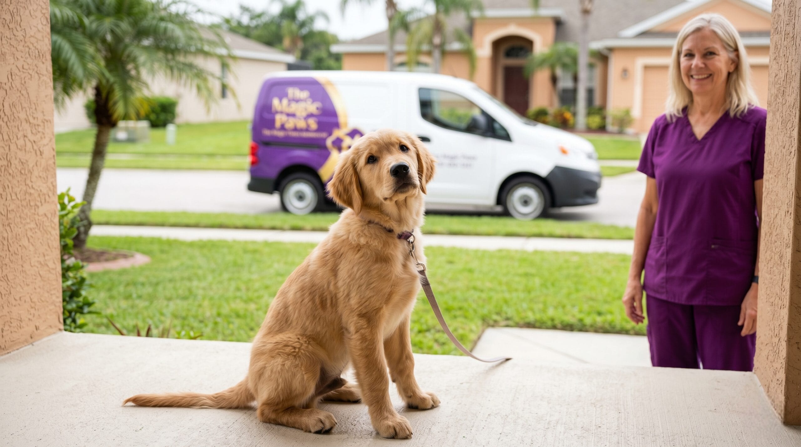 golden retriever puppy teething age — first visit from The Magic Paws at a Florida home