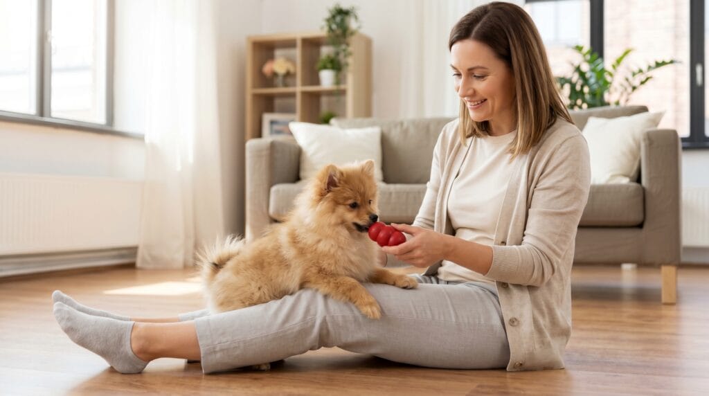 how to help a teething puppy — owner offering chew toy to Pomeranian puppy at home