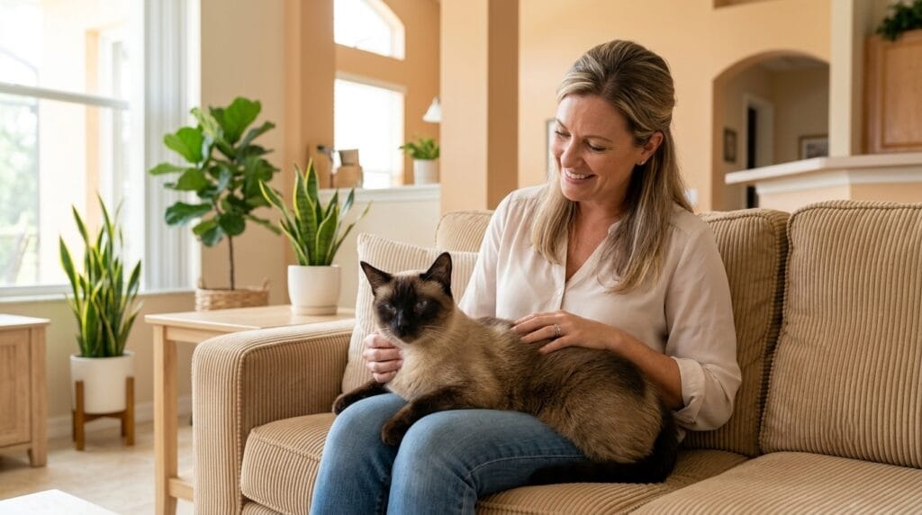Cat owner holding relaxed Siamese cat after mobile cat teeth cleaning session, back home in Florida