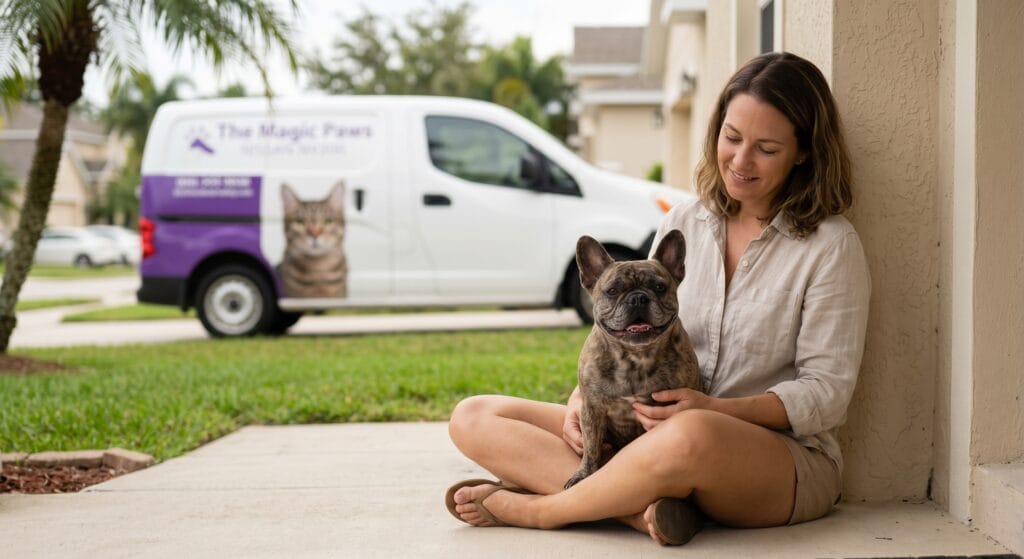 Owner sitting with a calm French Bulldog on a Florida residential porch after completing dog dental chews routine