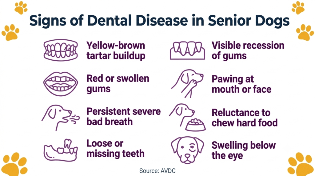 signs of dental disease in senior dogs — illustrated checklist infographic