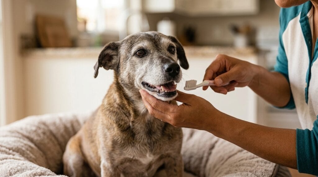 how to clean senior dog teeth at home — gentle brushing routine with senior dog
