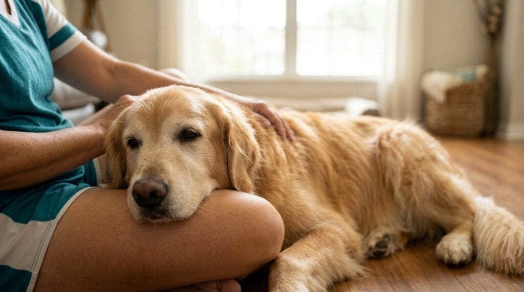senior dog dental care — senior dog calm and comfortable with owner after dental care