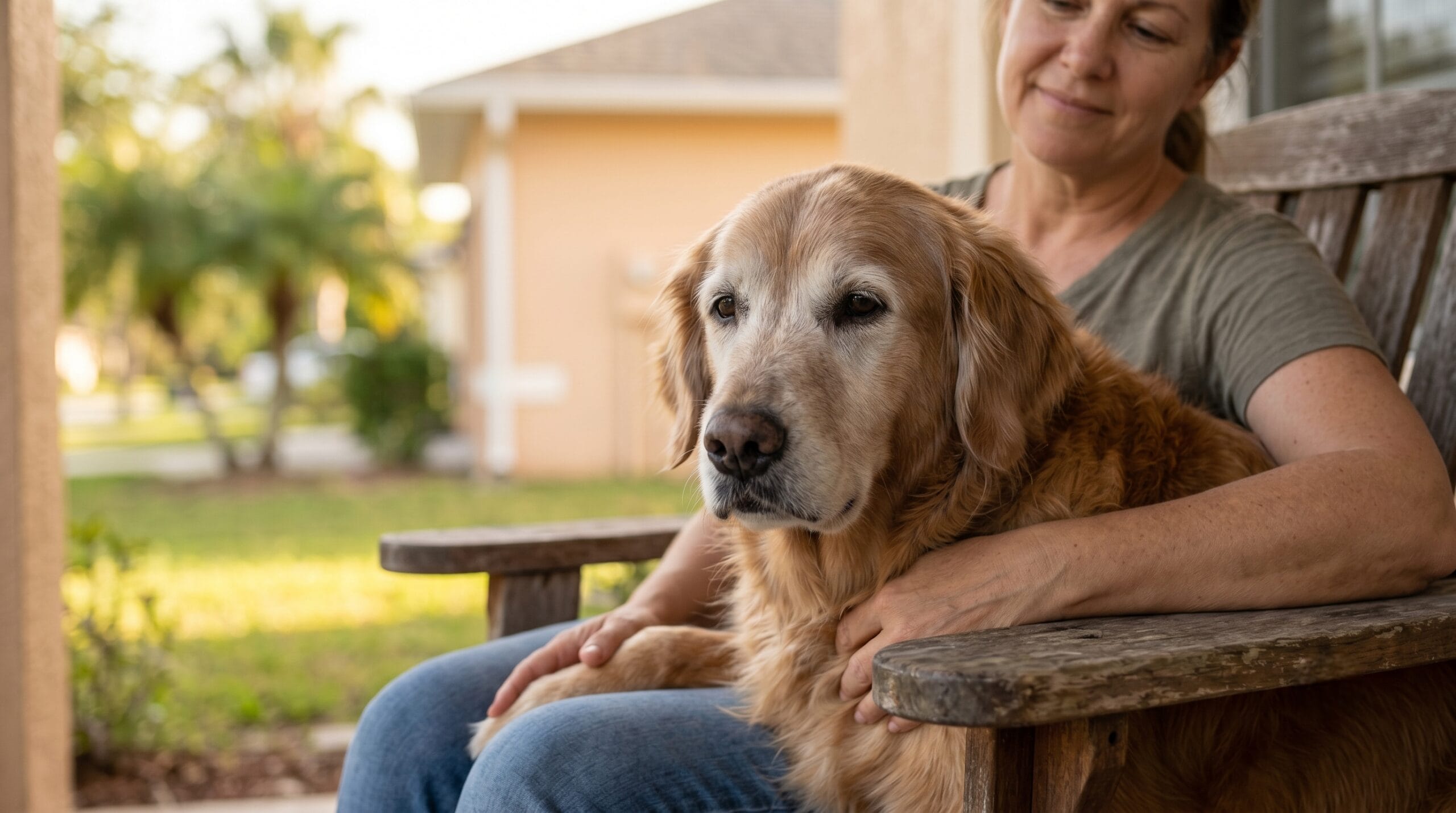 senior dog dental care — calm senior dog resting with owner indoors