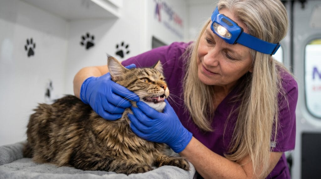 Mobile cat teeth cleaning session inside The Magic Paws van, technician in purple scrubs with Ragdoll cat on golden cushion