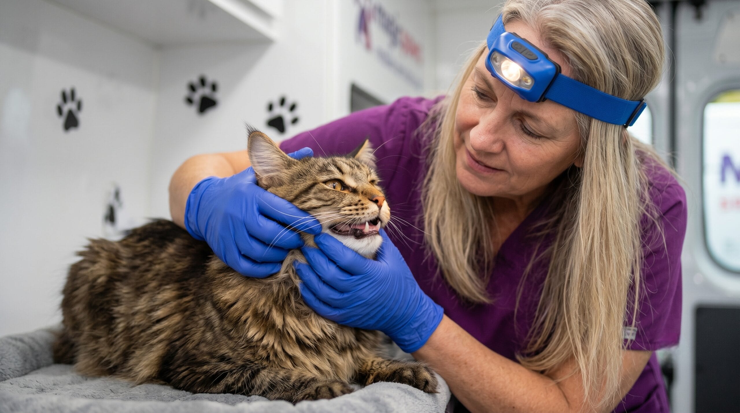 Mobile cat teeth cleaning session inside The Magic Paws van, technician in purple scrubs with Ragdoll cat on golden cushion