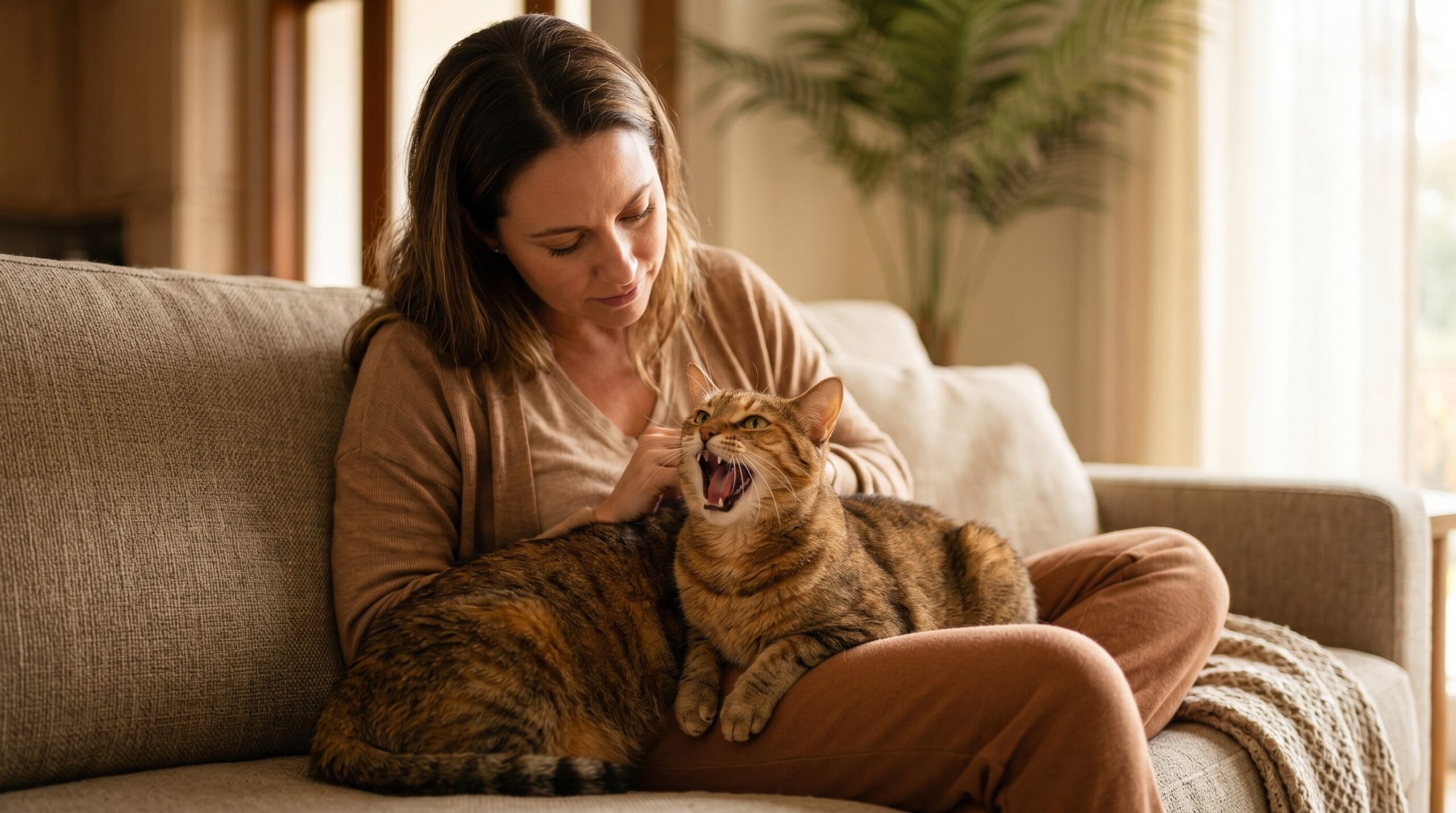 at bad breath remedy — owner introducing toothbrush to cat at home.
