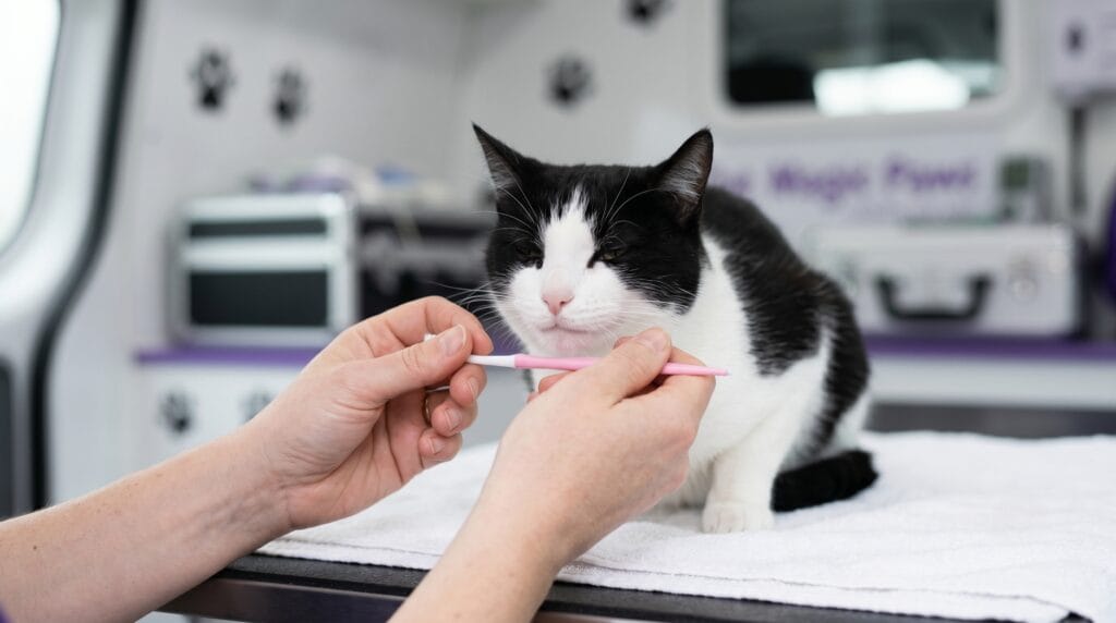 anesthesia-free cat dental cleaning — The Magic Paws technician with relaxed cat inside mobile van.