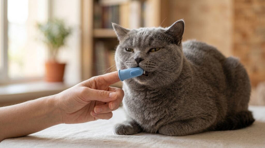 Owner gently examining cat's gums at home as part of cat dental care at home prevention routine