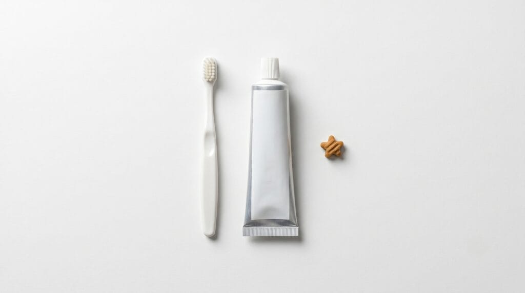 Cat dental care at home products: toothbrush, toothpaste and dental treat arranged on white surface