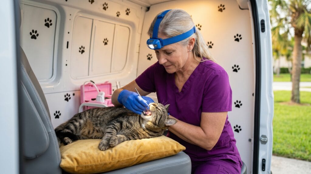 The Magic Paws technician performing professional cat dental cleaning inside van as complement to cat dental care at hom