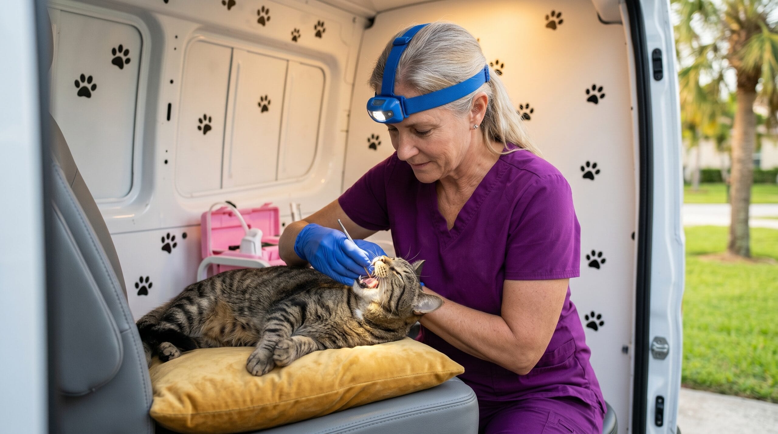 The Magic Paws technician performing professional cat dental cleaning inside van as complement to cat dental care at hom