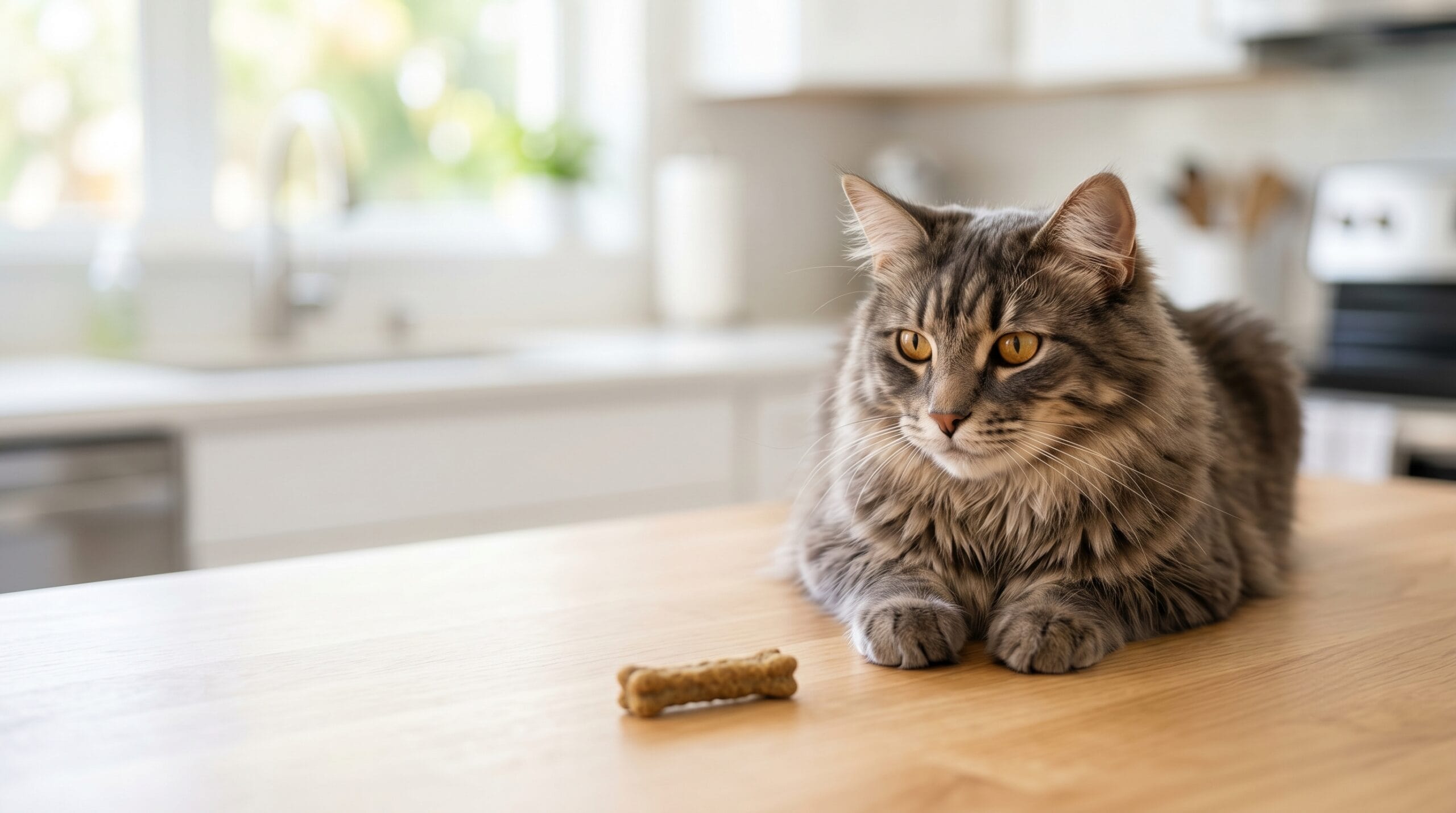 Maine Coon cat resting near a cat dental chew in a bright Florida home — calm and relaxed expression