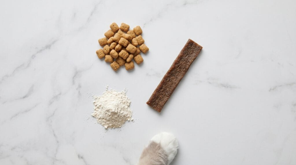 Three types of cat dental chews on a light surface: crunchy treat, soft chew, and powder supplement