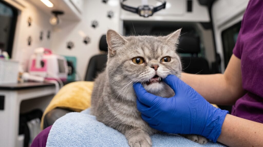 Gloved hand gently examining an Exotic Shorthair cat's teeth, showing the limits of cat dental chews below the gumline