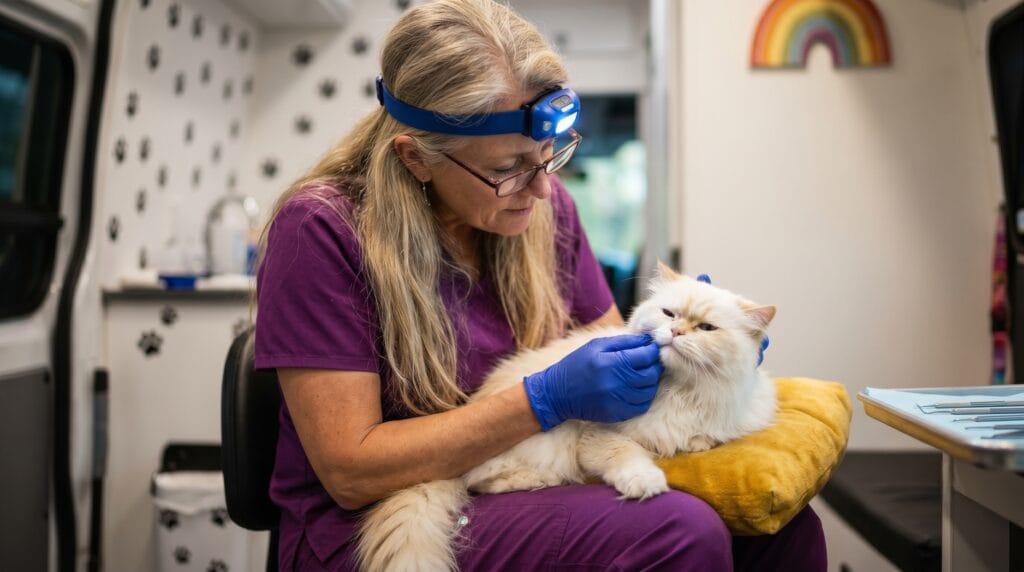 The Magic Paws technician performing anesthesia-free cat dental cleaning inside the van, cat relaxed on golden cushion