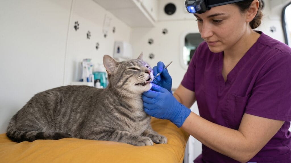 Cat receiving professional dental cleaning inside the TMP mobile van — how much does cat teeth cleaning cost